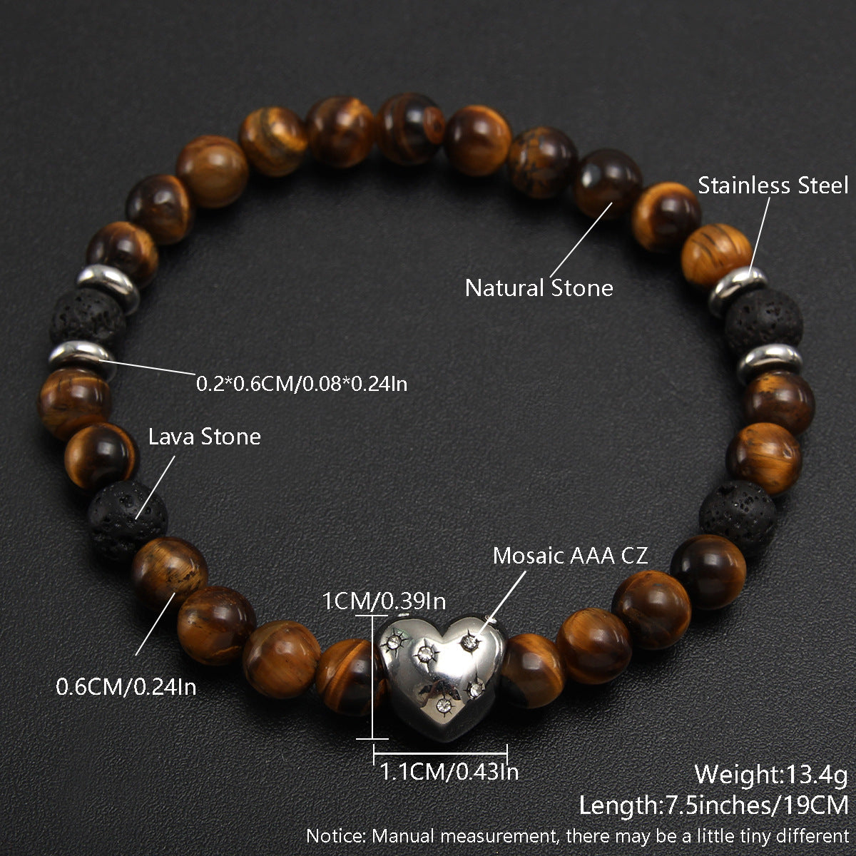 Crystal Tiger Eye Natural Stone Beaded Bracelet, Vintage Stainless Steel Bracelet NK07-7
