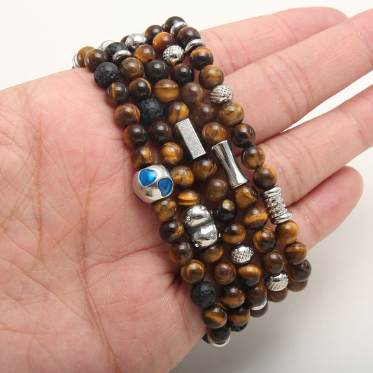 Crystal Tiger Eye Natural Stone Beaded Bracelet, Vintage Stainless Steel Bracelet
