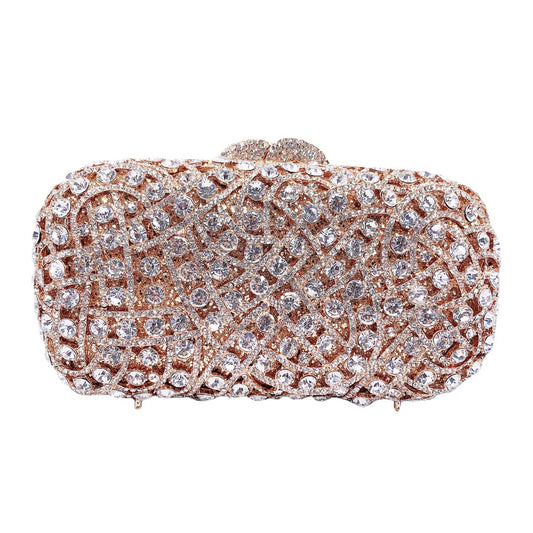 Hollow Rhinestone Evening Clutch Handbag for Women Matching Dress Gold Bottom White Diamond