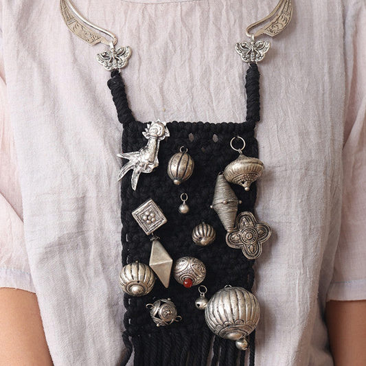 Miao Silver Statement Torque & Woven Tassel Bib Necklace | Vintage Ethnic Maxi Pendant N04