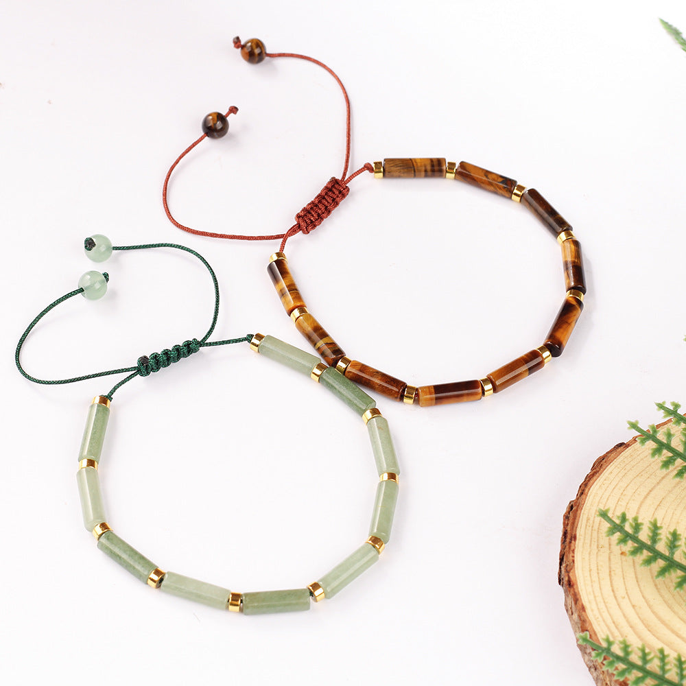 Natural Tiger Eye Stone Handmade Braided Bracelet for Men and Women, Adjustable Long Tube Woven Bracelet