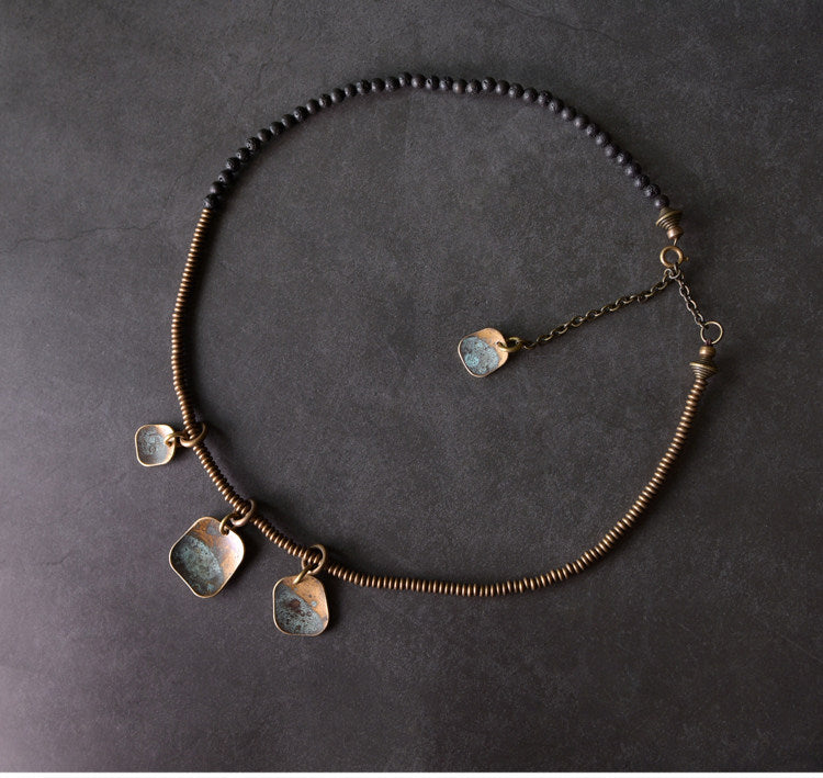 Lava Stone Vintage Brass Layered Bracelet Set | Artisan Boho Jewellery