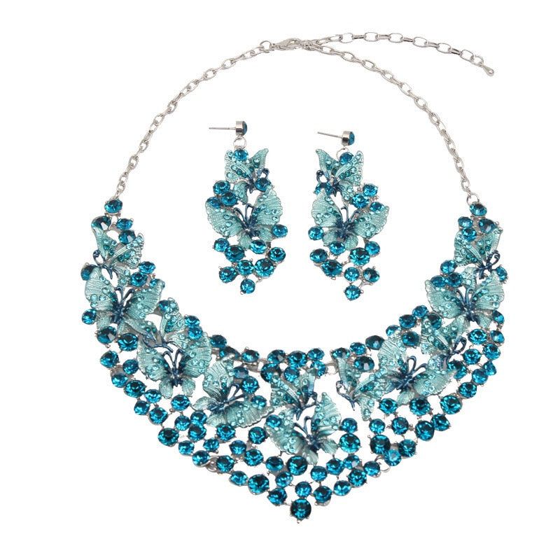 Exaggerated colorful butterfly diamond necklace earrings set bride wedding banquet dress female accessories