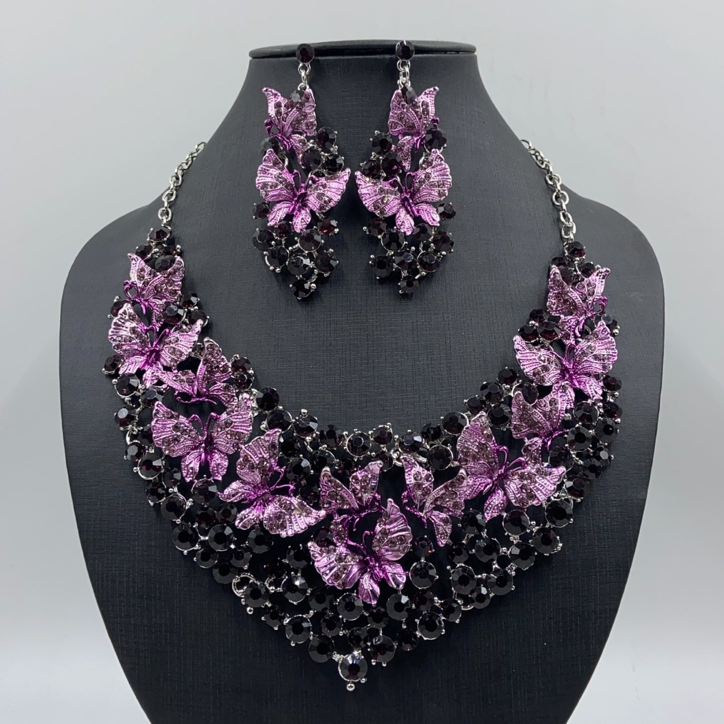 Exaggerated colorful butterfly diamond necklace earrings set bride wedding banquet dress female accessories