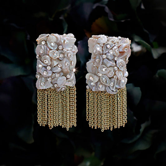 Artisan Vintage Baroque Shell Pearl Crystal Tassel Earrings – Pierced & Clip-On | iBrilliance Earrings