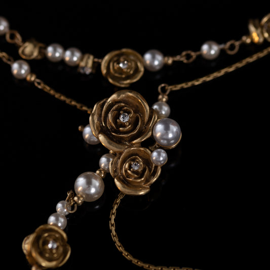 Vintage Copper Alloy Retro Champagne Rose Tassel Necklace Gold