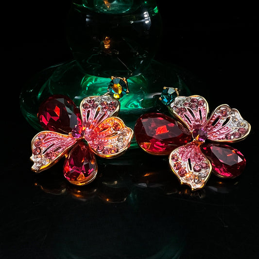 Enamel Flower Earrings Brooch Set Gold Plated Rhinestone Jewelry Pink Earring