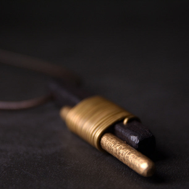 Vintage Ebony & Brass Wire Wrapped Pendant Necklace | NK01