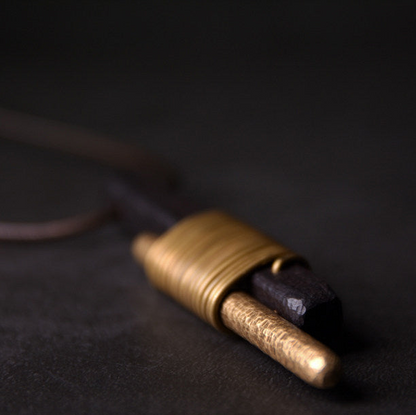 Vintage Ebony & Brass Wire Wrapped Pendant Necklace | NK01