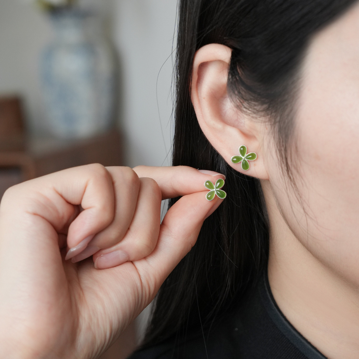 Four Seasons Joy | Jade Four-Leaf Stud Earrings SJ01 Green Earring