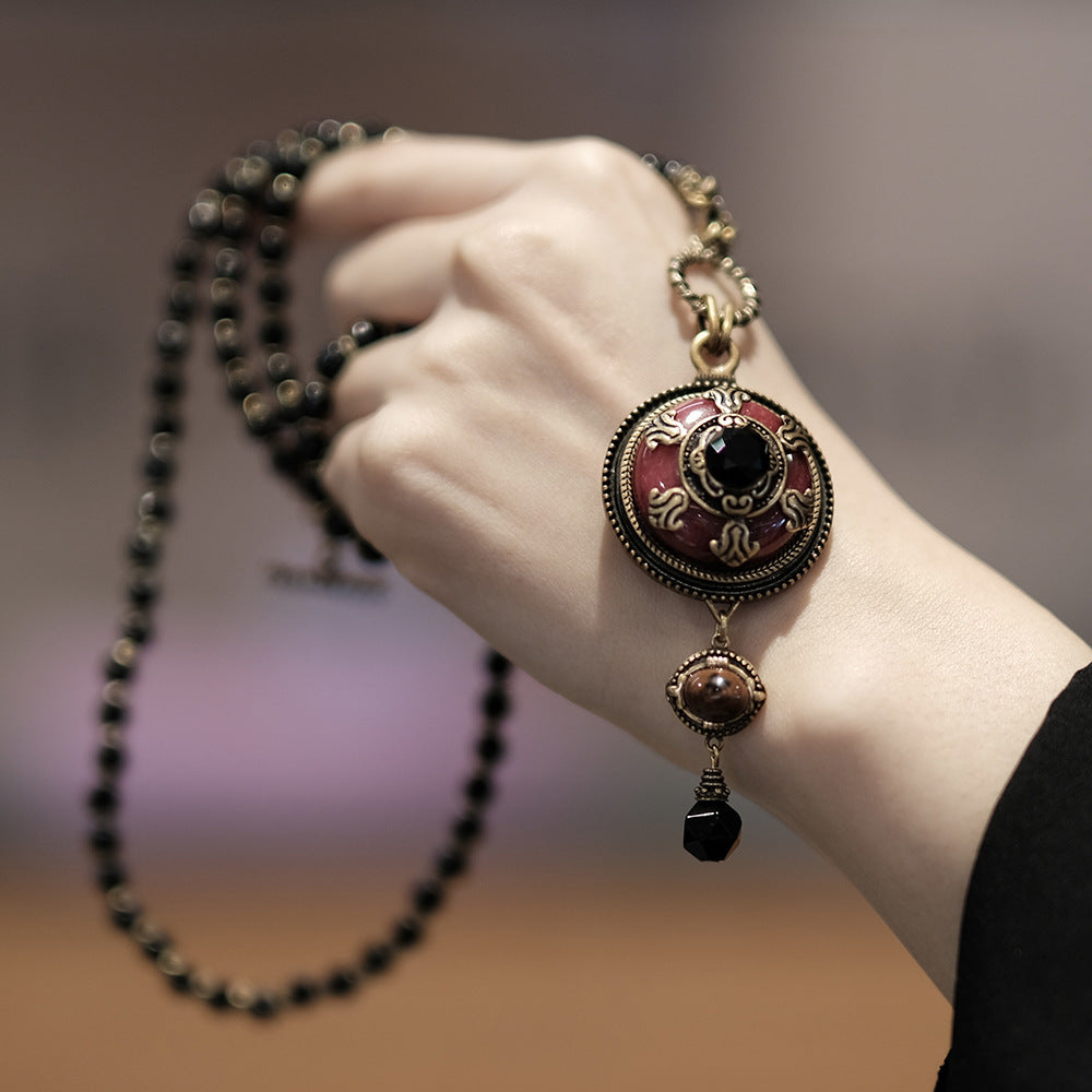Vintage Red Stone Pendant | Black Agate Necklace R01 - HOUSE OF SHEN