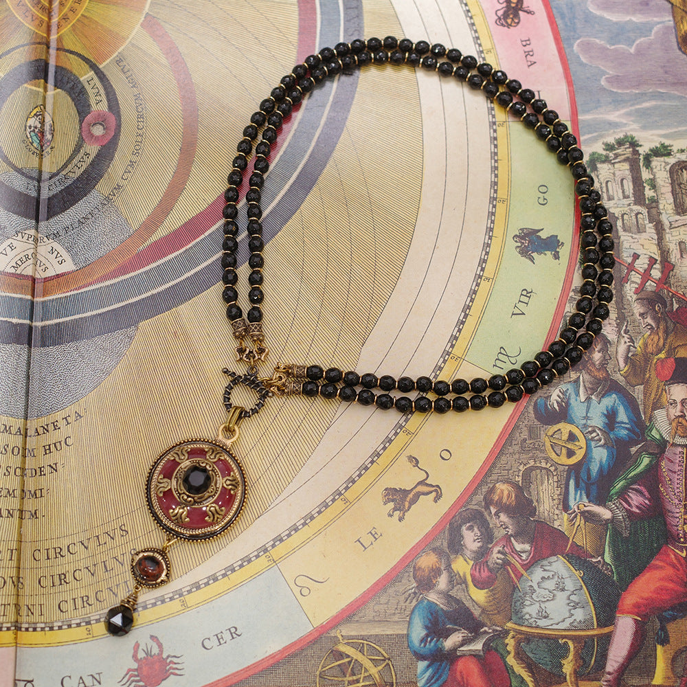 Vintage Red Stone Pendant | Black Agate Necklace R01 - HOUSE OF SHEN