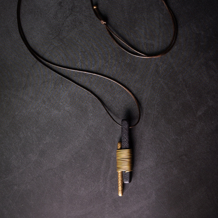Vintage Ebony & Brass Wire Wrapped Pendant Necklace | NK01