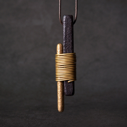 Vintage Ebony & Brass Wire Wrapped Pendant Necklace | NK01