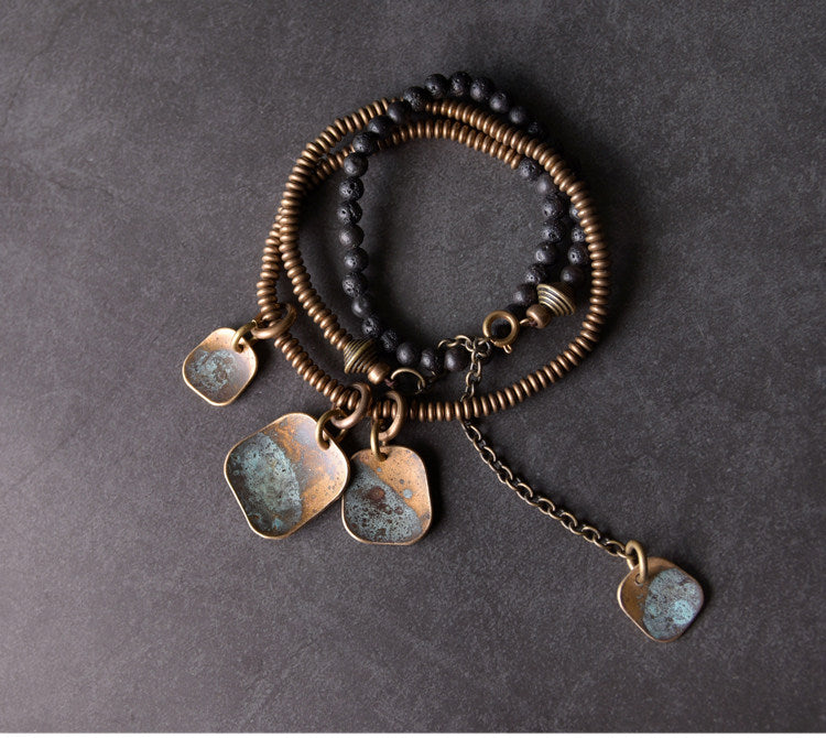 Lava Stone Vintage Brass Layered Bracelet Set | Artisan Boho Jewellery