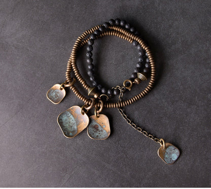 Lava Stone Vintage Brass Layered Bracelet Set | Artisan Boho Jewellery