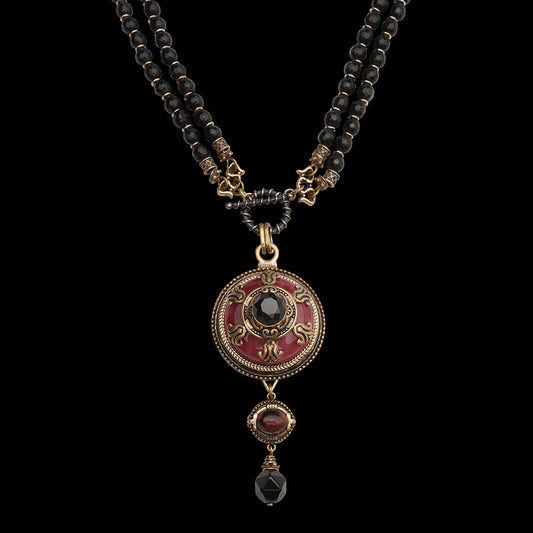 Vintage Red Stone Pendant | Black Agate Necklace R01 - HOUSE OF SHEN