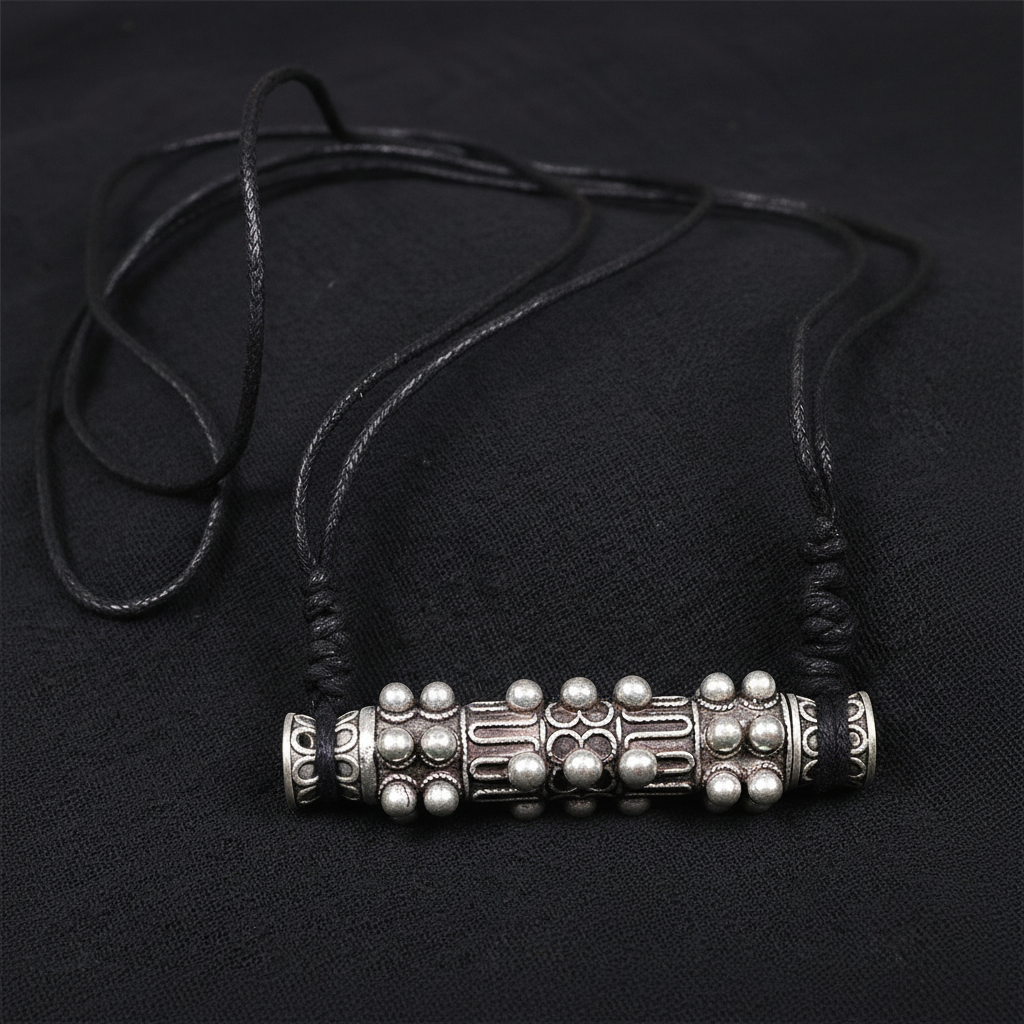 Miao Silver Cylinder Needle Case Pendant Necklace | Vintage Ethnic Wax Rope Long Chain N03