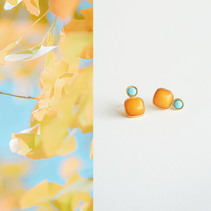 Amber & Turquoise Cushion Stud Earrings | Gold-Plated Silver Earrings ER12
