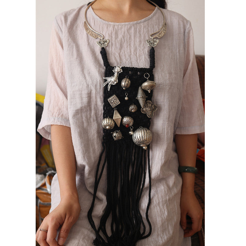Miao Silver Statement Torque & Woven Tassel Bib Necklace | Vintage Ethnic Maxi Pendant N04