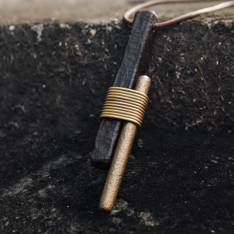 Vintage Ebony & Brass Wire Wrapped Pendant Necklace | NK01