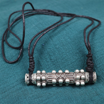 Miao Silver Cylinder Needle Case Pendant Necklace | Vintage Ethnic Wax Rope Long Chain N03