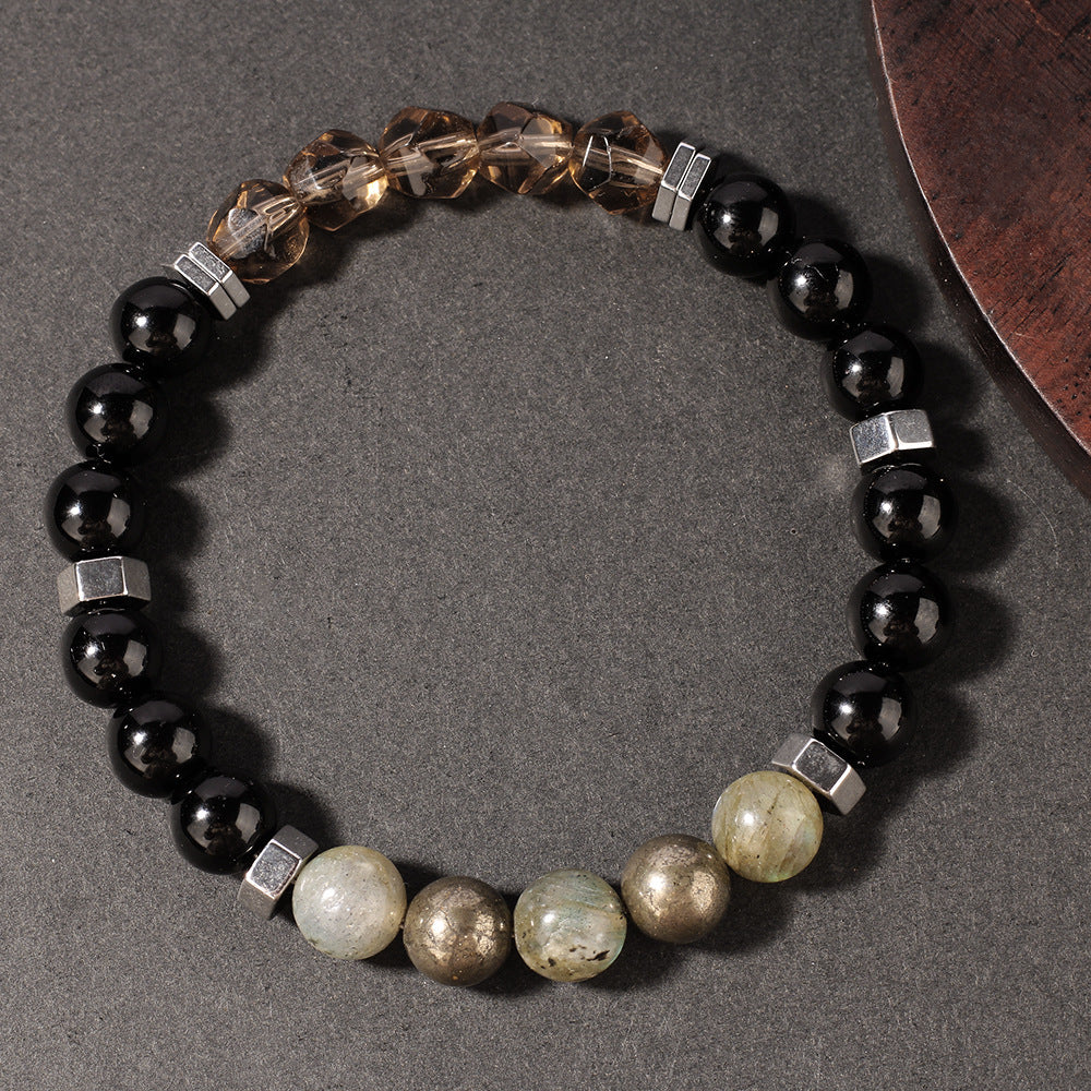 Natural Stone Bracelet Yellow Iron Ore Faceted Smoky Quartz Yellow Iron Ore Tea Crystal Sports Men's Beaded Bracelet
