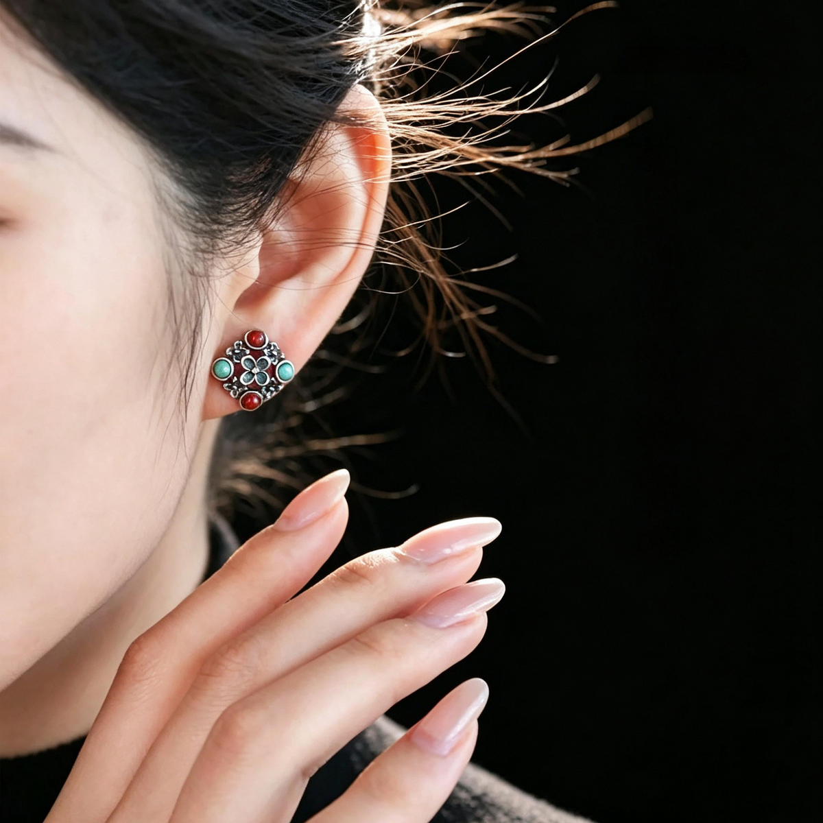 Nanhong Agate & Turquoise Floral Stud Earrings | Silver Earrings ER11