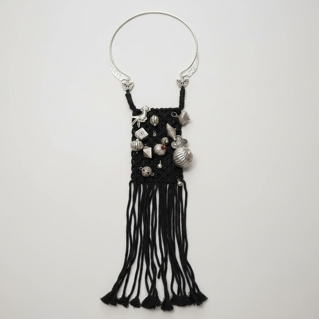 Miao Silver Statement Torque & Woven Tassel Bib Necklace | Vintage Ethnic Maxi Pendant N04