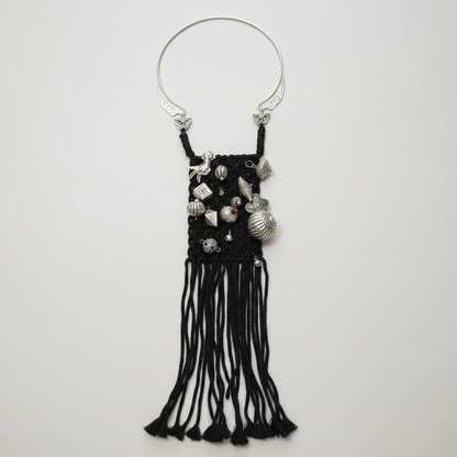 Miao Silver Statement Torque & Woven Tassel Bib Necklace | Vintage Ethnic Maxi Pendant N04