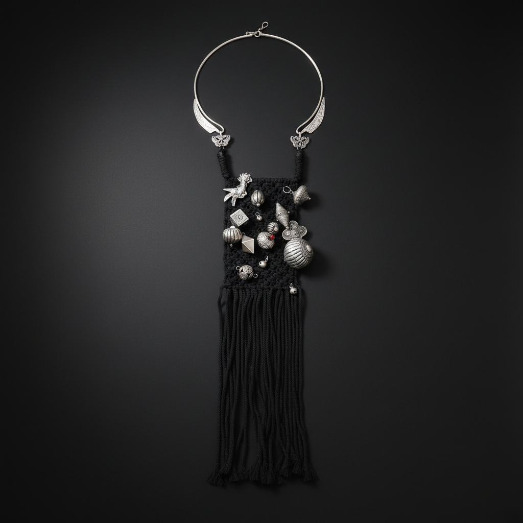 Miao Silver Statement Torque & Woven Tassel Bib Necklace | Vintage Ethnic Maxi Pendant N04