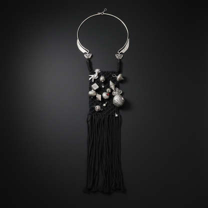 Miao Silver Statement Torque & Woven Tassel Bib Necklace | Vintage Ethnic Maxi Pendant N04