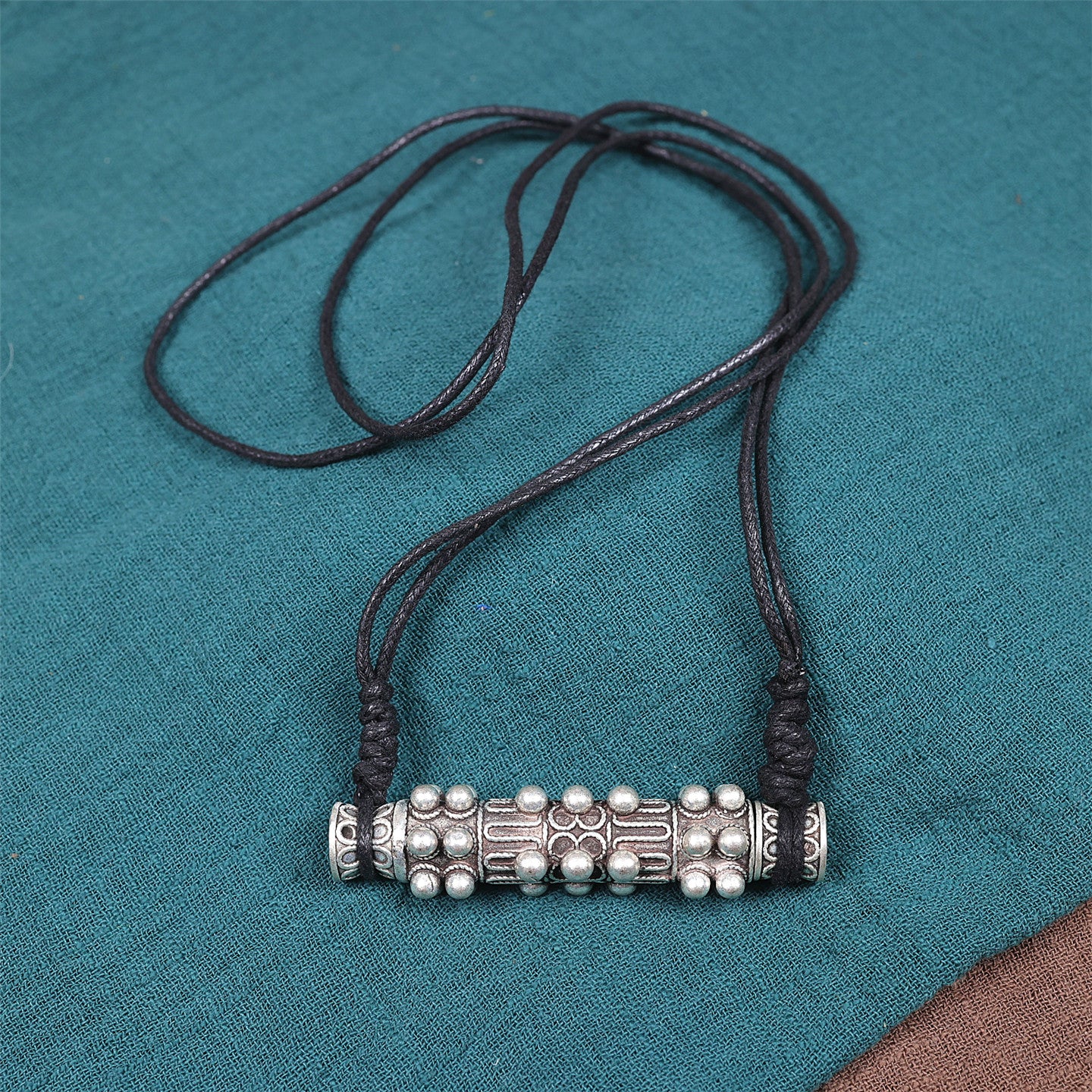 Miao Silver Cylinder Needle Case Pendant Necklace | Vintage Ethnic Wax Rope Long Chain N03