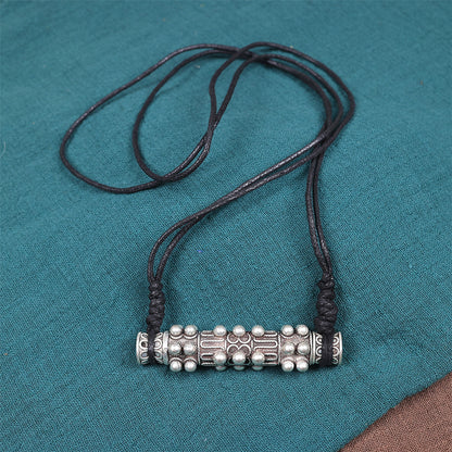 Miao Silver Cylinder Needle Case Pendant Necklace | Vintage Ethnic Wax Rope Long Chain N03