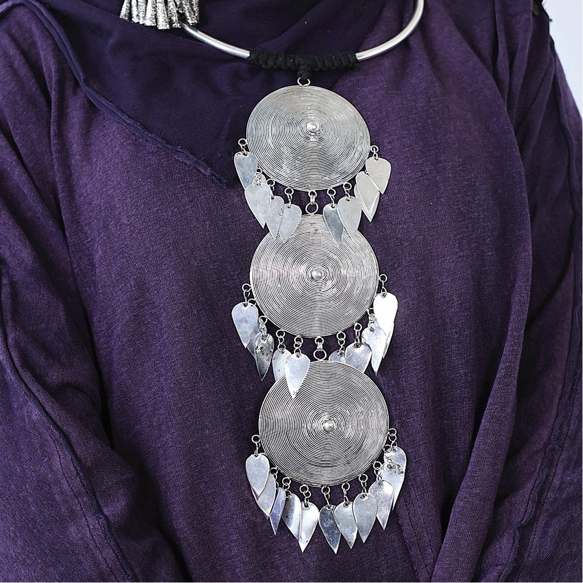 Miao Silver Triple Spiral Disc Leaf Tassel Torque Necklace | Vintage Ethnic Statement N02
