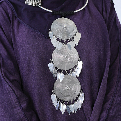 Miao Silver Triple Spiral Disc Leaf Tassel Torque Necklace | Vintage Ethnic Statement N02