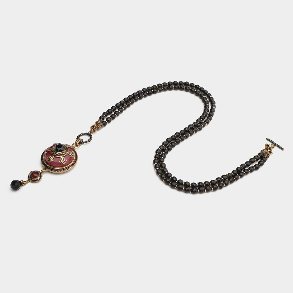 Vintage Red Stone Pendant | Black Agate Necklace R01 - HOUSE OF SHEN