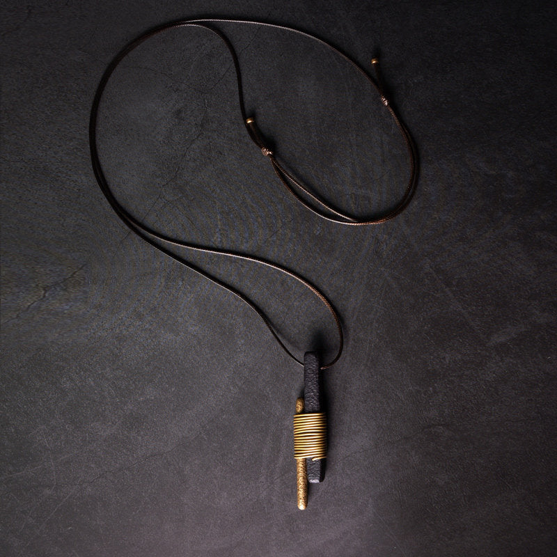 Vintage Ebony & Brass Wire Wrapped Pendant Necklace | NK01