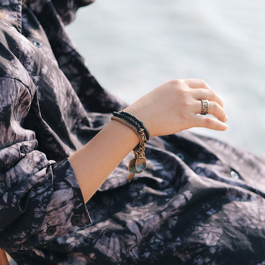 Lava Stone Vintage Brass Layered Bracelet Set | Artisan Boho Jewellery Bracelet