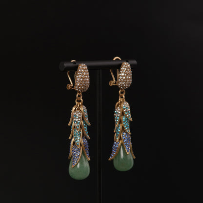 Green Natural Stone Vintage Earrings - Gilded Leaf Elegance | iBrilliance