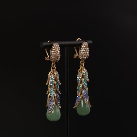 Green Natural Stone Vintage Earrings - Gilded Leaf Elegance | iBrilliance