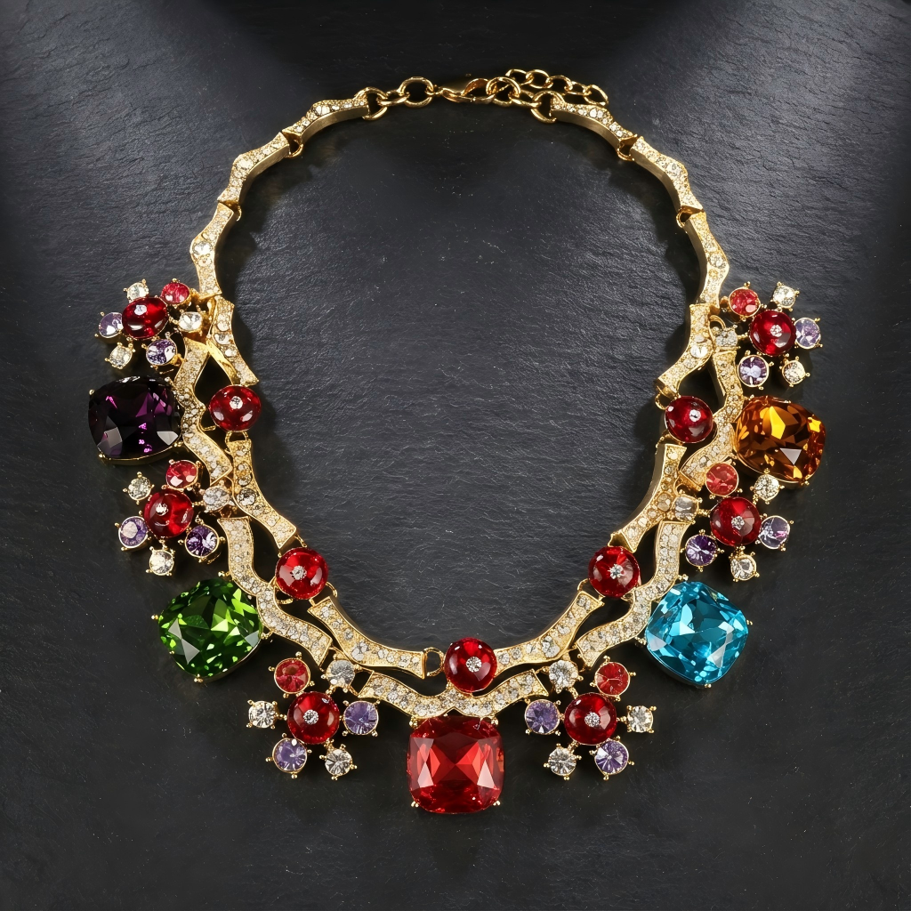 Vintage Colorful Faceted Gemstone Short Necklace HE912 Color Necklace Jewelry