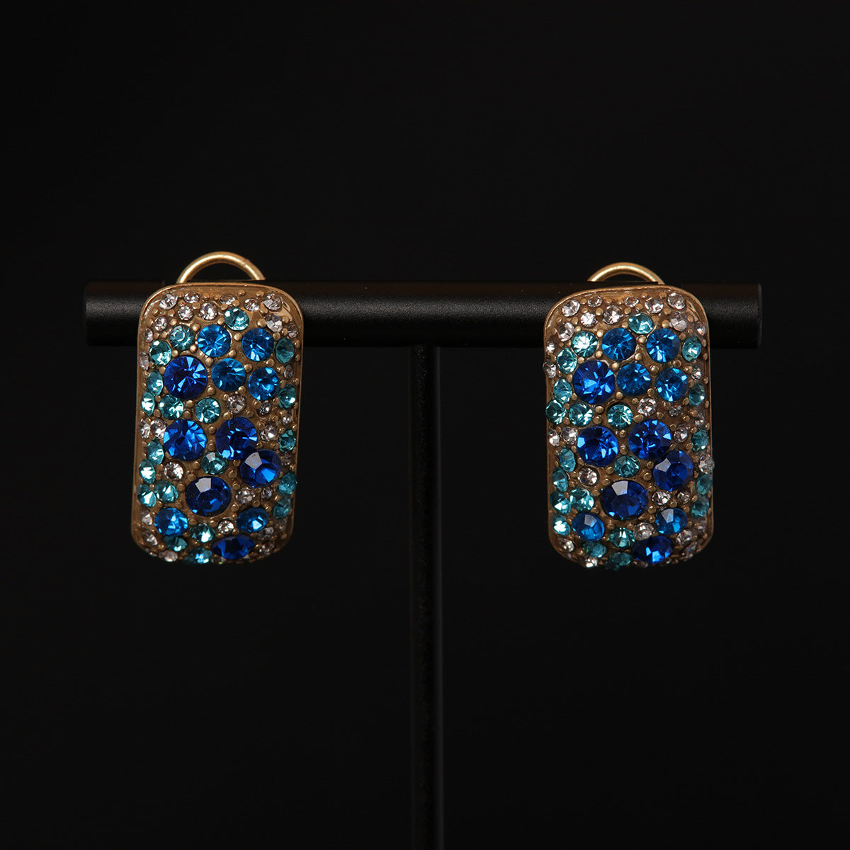 Vintage High-End Copper Alloy Ancient Style Gold Blue Full Zircon Inlaid Earrings Blue