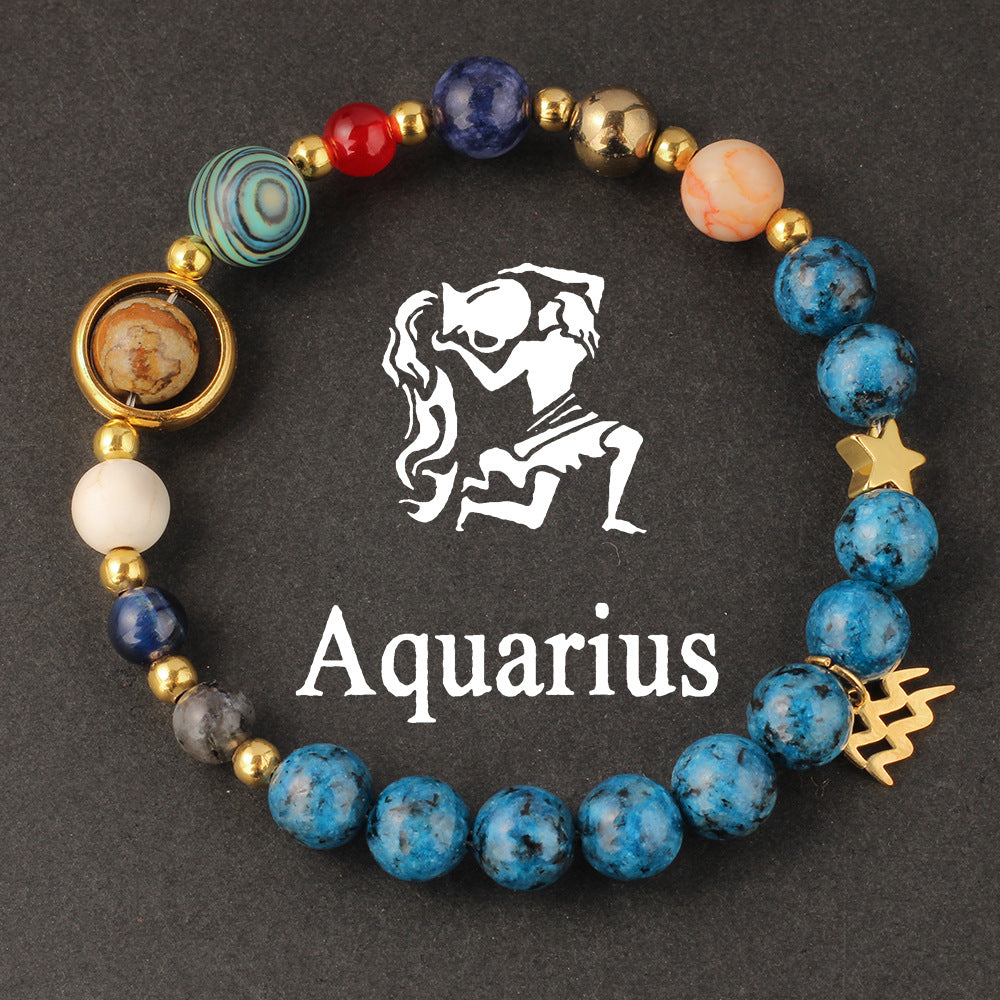 Twelve Constellations Bracelet Beaded Natural Stone Bracelet Universe Space Eight Planets Stone Picture Stone Black Wholesale L1405-Aquarius Aquarian