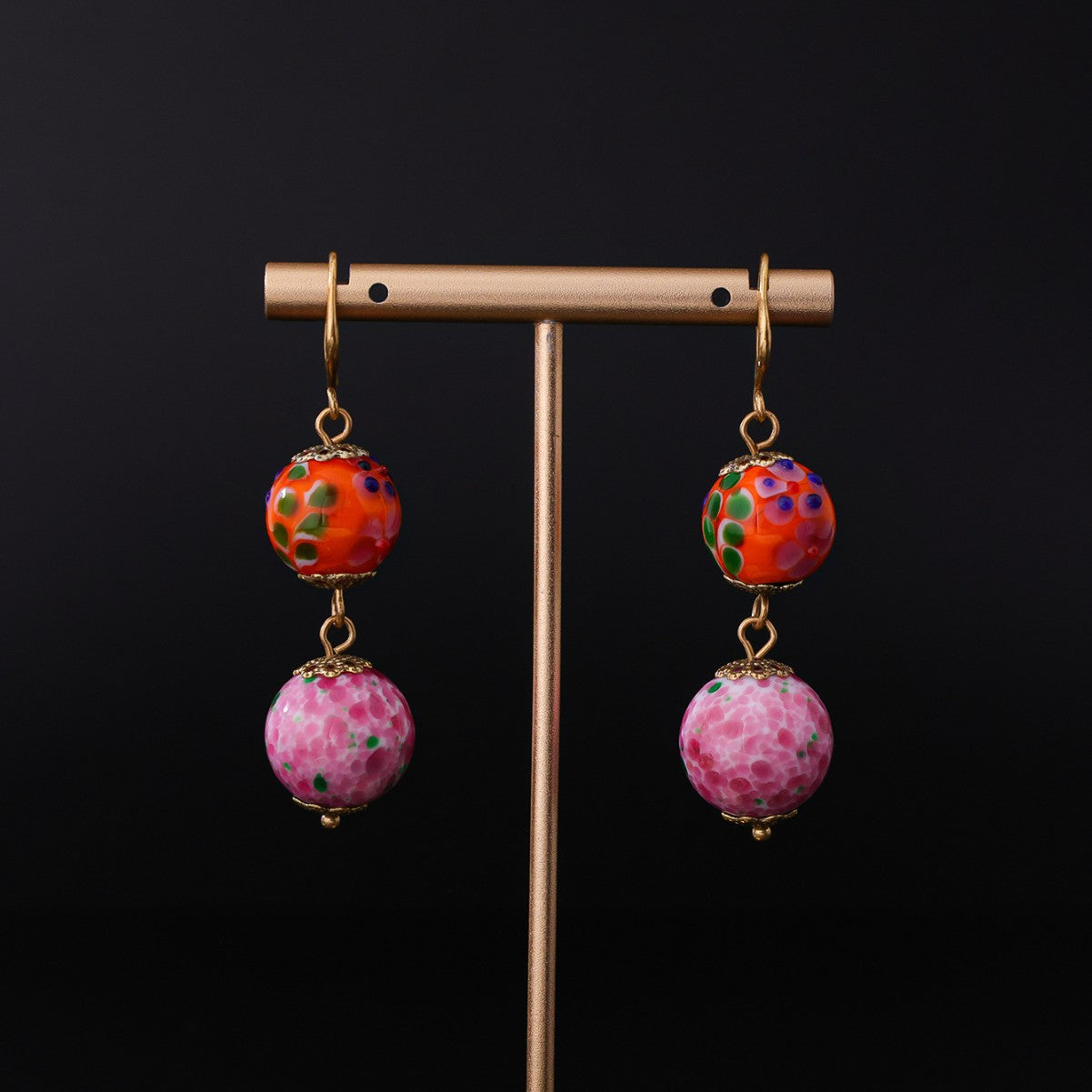 Vintage Handmade Glass Stud Earrings - Radiant Floral Allure | iBrilliance Pink Double Beads Jewelry