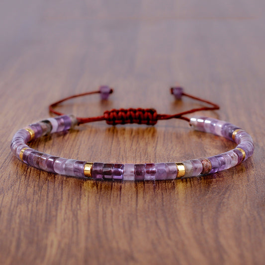 Adjustable Handmade Woven Bracelet Natural Stone Bohemian Colorful Aventurine Purple Braided Bracelet