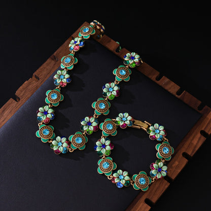 Palace Style Flower Necklace Vintage Set Antique Enamel Painted Bracelet