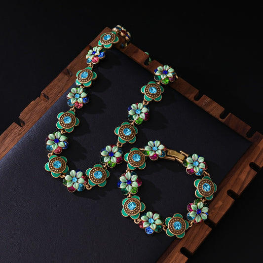 Palace Style Flower Necklace Vintage Set Antique Enamel Painted Bracelet