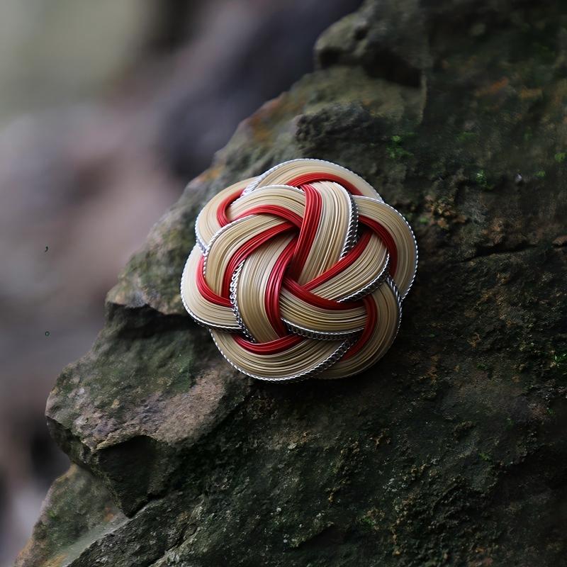 Bamboo Brooch | Silver & Gold Wire Edge | BW02 Natural Red + Silver Brooch
