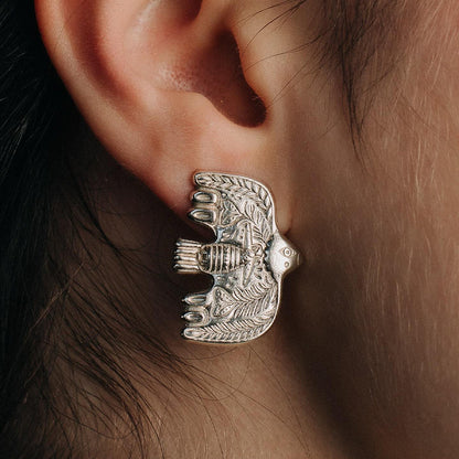 Wondrous Soaring Bird Stud Earrings | Engraved Artisan Jewellery E02 Antique Silver Earring